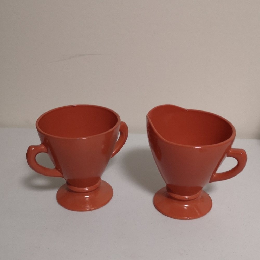 Vintage Anchor Hocking Burnt Orange Over White Milk Glass Creamer & Sugar Set